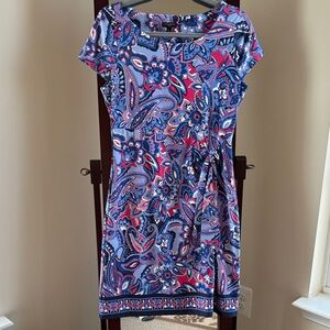 Talbots Blue and Pink Paisley Midi Dress with Waist Tie